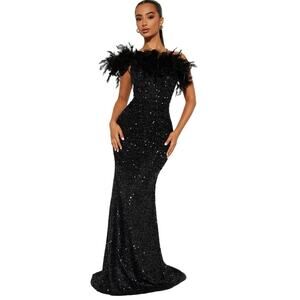 Black Sequin Dress with Feathers